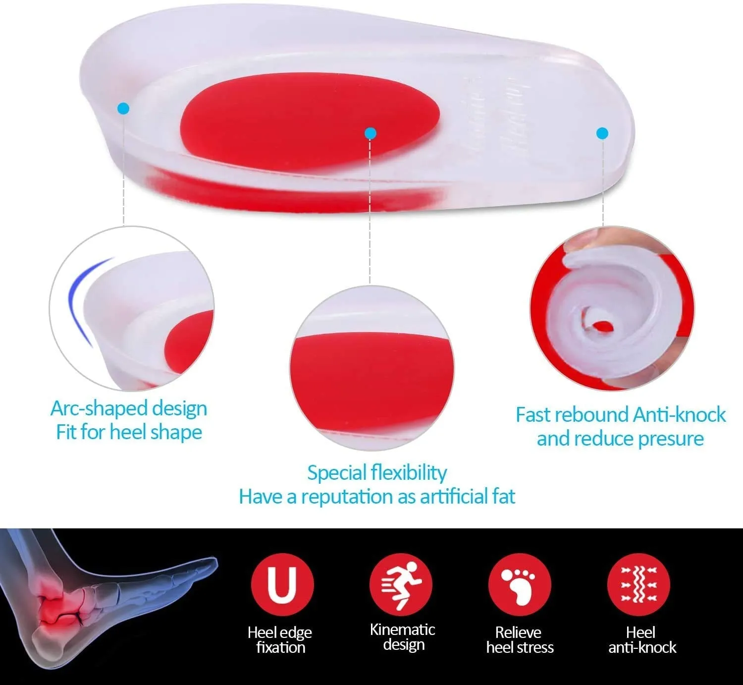 3 Pairs Gel Heel Cups Plantar Fasciitis Inserts Silicone Pads Cushion for Bone Spurs Pain Relief Protectors of Sore Bruised Feet Best Insole Gels Treatment S