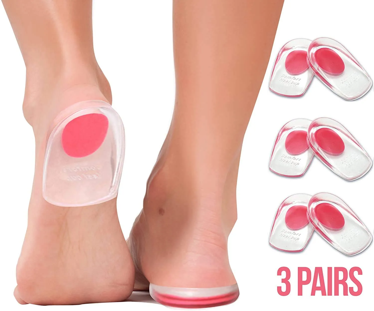 3 Pairs Gel Heel Cups Plantar Fasciitis Inserts Silicone Pads Cushion for Bone Spurs Pain Relief Protectors of Sore Bruised Feet Best Insole Gels Treatment S