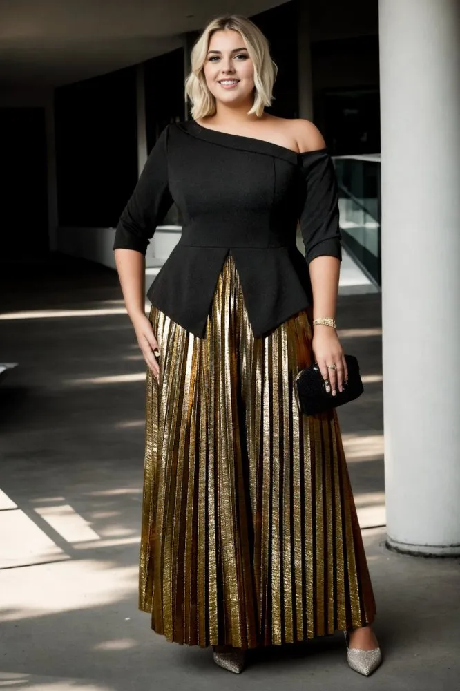 Anya Plus Size Black Blouse and Gold Skirt Formal Wear Set