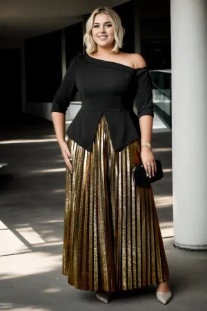 Anya Plus Size Black Blouse and Gold Skirt Formal Wear Set