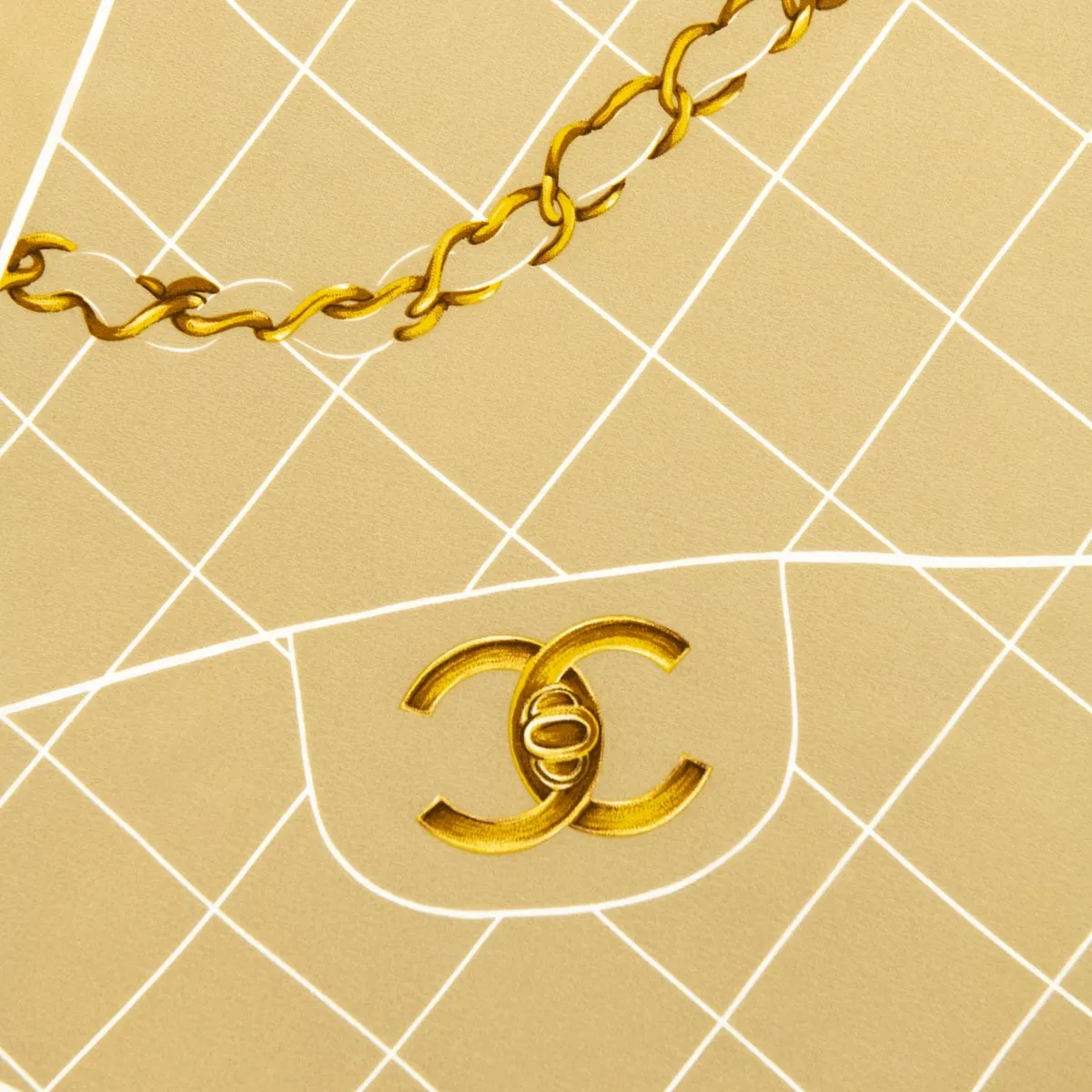 Chanel Beige & White Silk Classic Flap Print Vintage Scarf