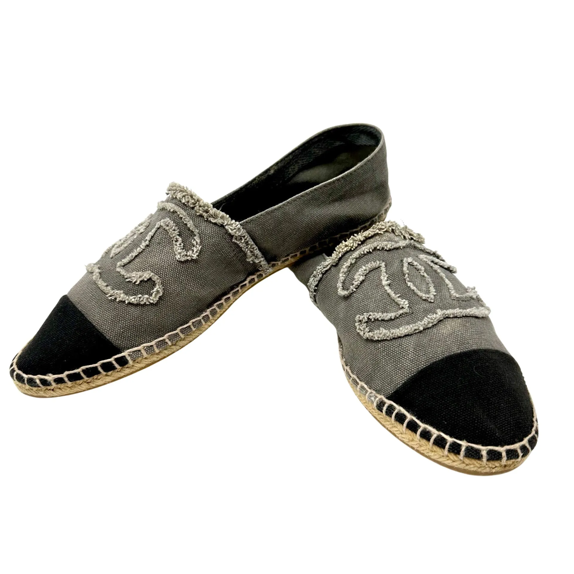 CHANEL Canvas Gray Black Espadrille Flats 11, 11.5 / 42