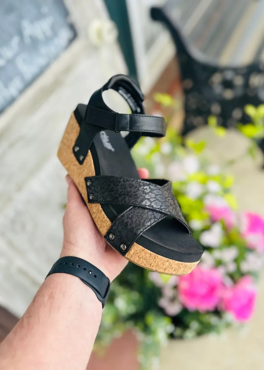 Corkys Wedge Sandals | Kindle  | Black Leopard