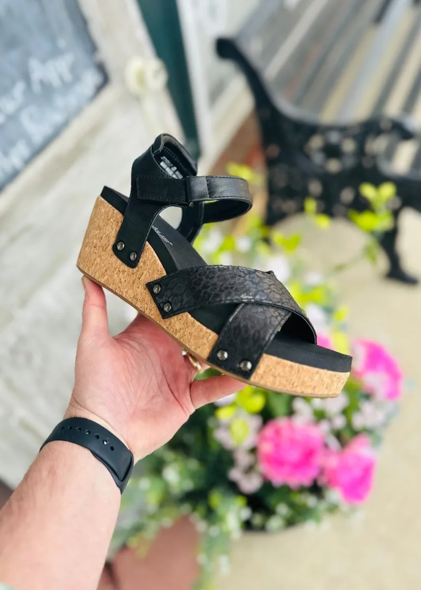 Corkys Wedge Sandals | Kindle  | Black Leopard