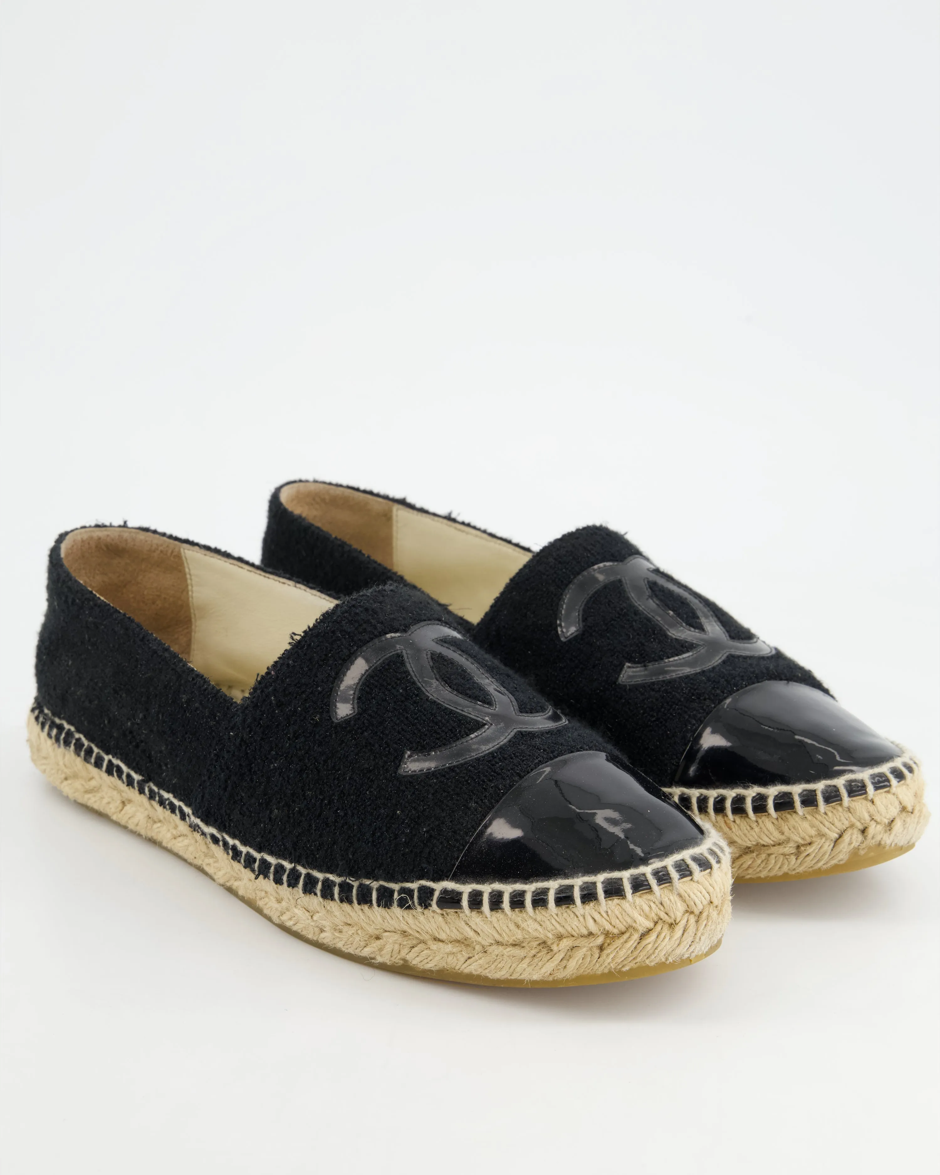*fire Price*trendy Inspired  Chanel Black Terry Cc Logo Espadrilles With Patent Leather Detail Size Eu 42