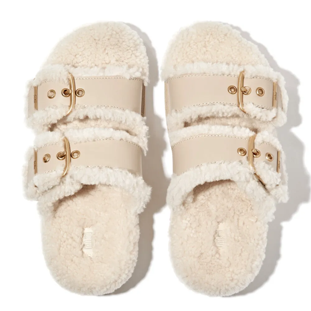 Fitflop Gen-FF Buckle 2 Bar Curly Shearling Leather Slides Stone Beige
