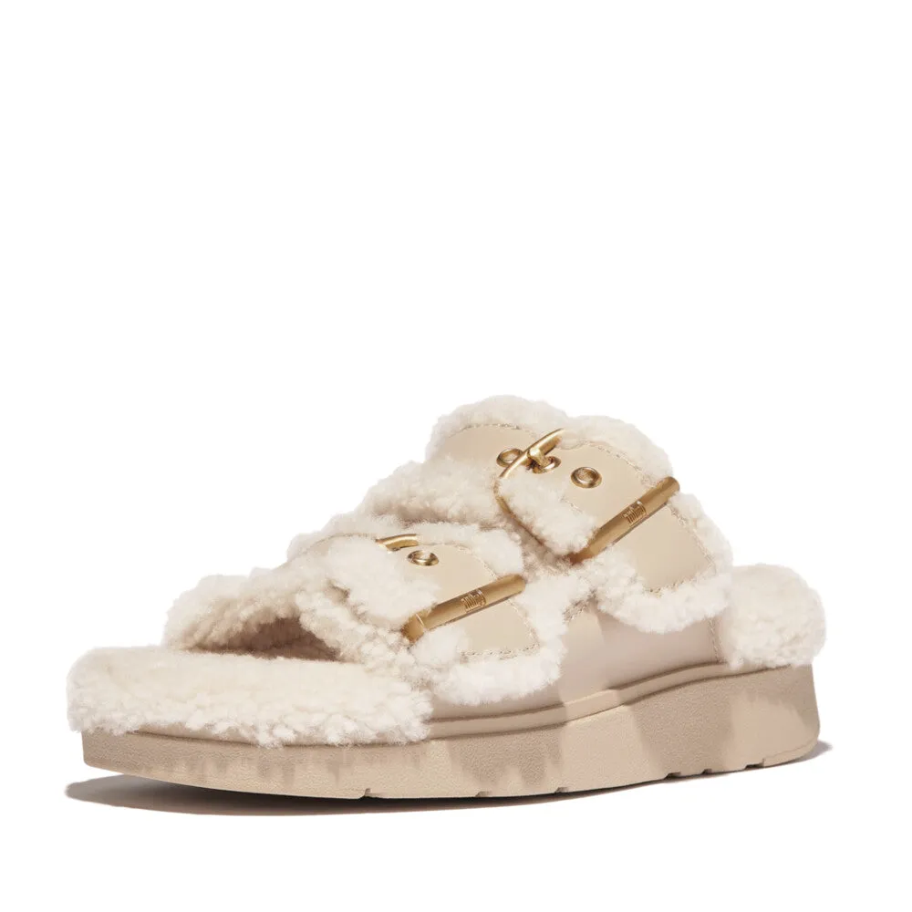 Fitflop Gen-FF Buckle 2 Bar Curly Shearling Leather Slides Stone Beige