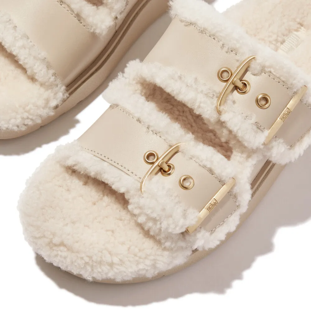 Fitflop Gen-FF Buckle 2 Bar Curly Shearling Leather Slides Stone Beige