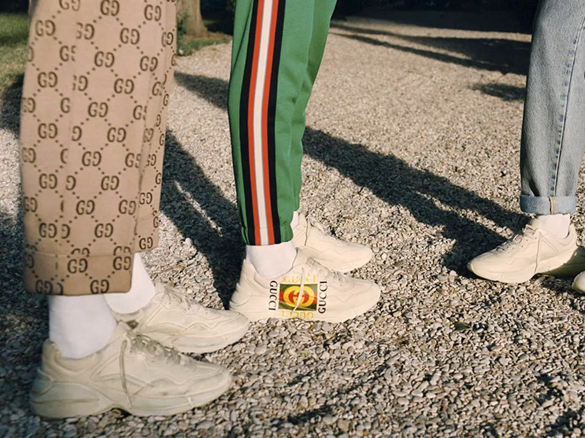 Gucci Cream Leather Logo Rhyton Sneakers - 10.5