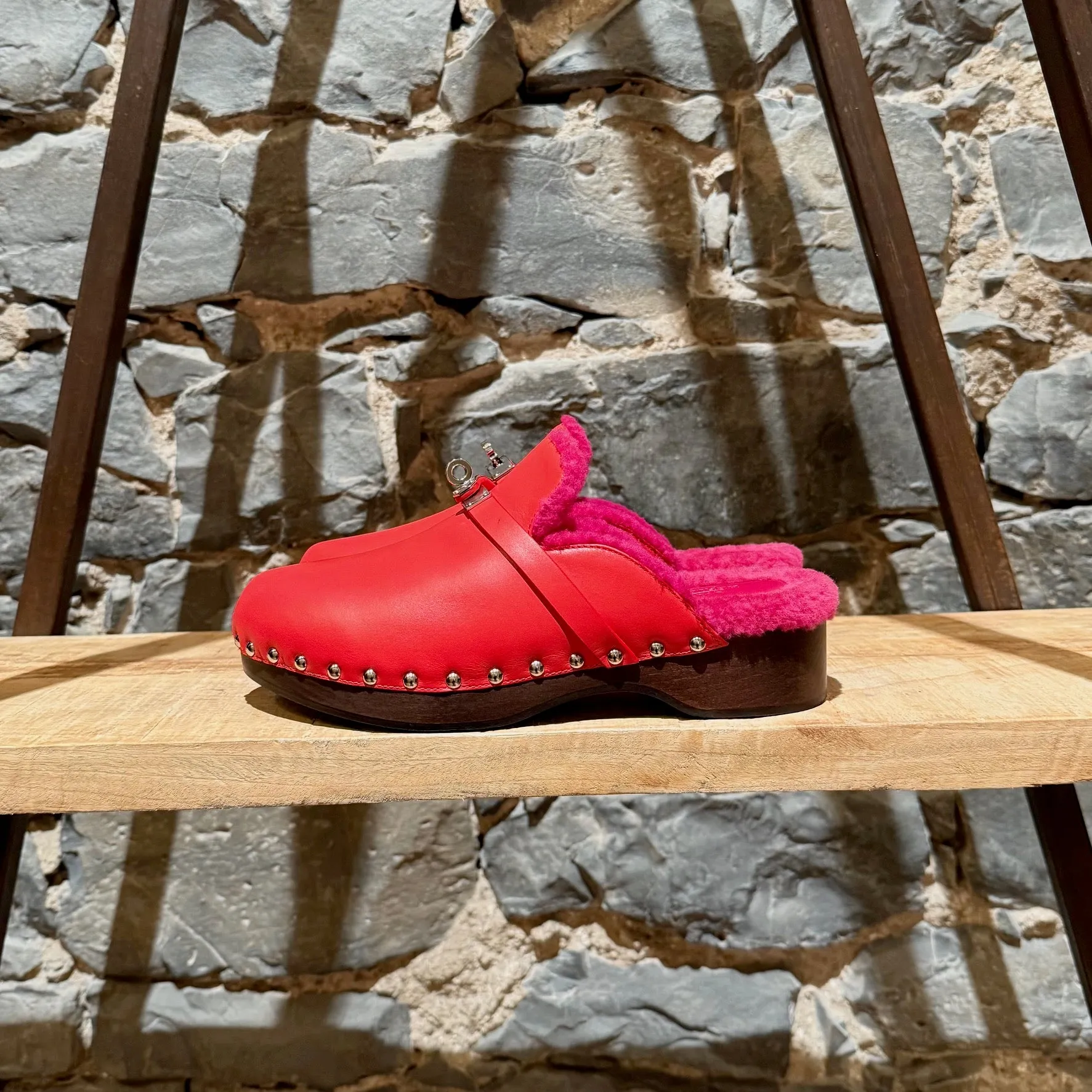 Hermès Red Leather Fuschia Shearling Carlotta Clogs