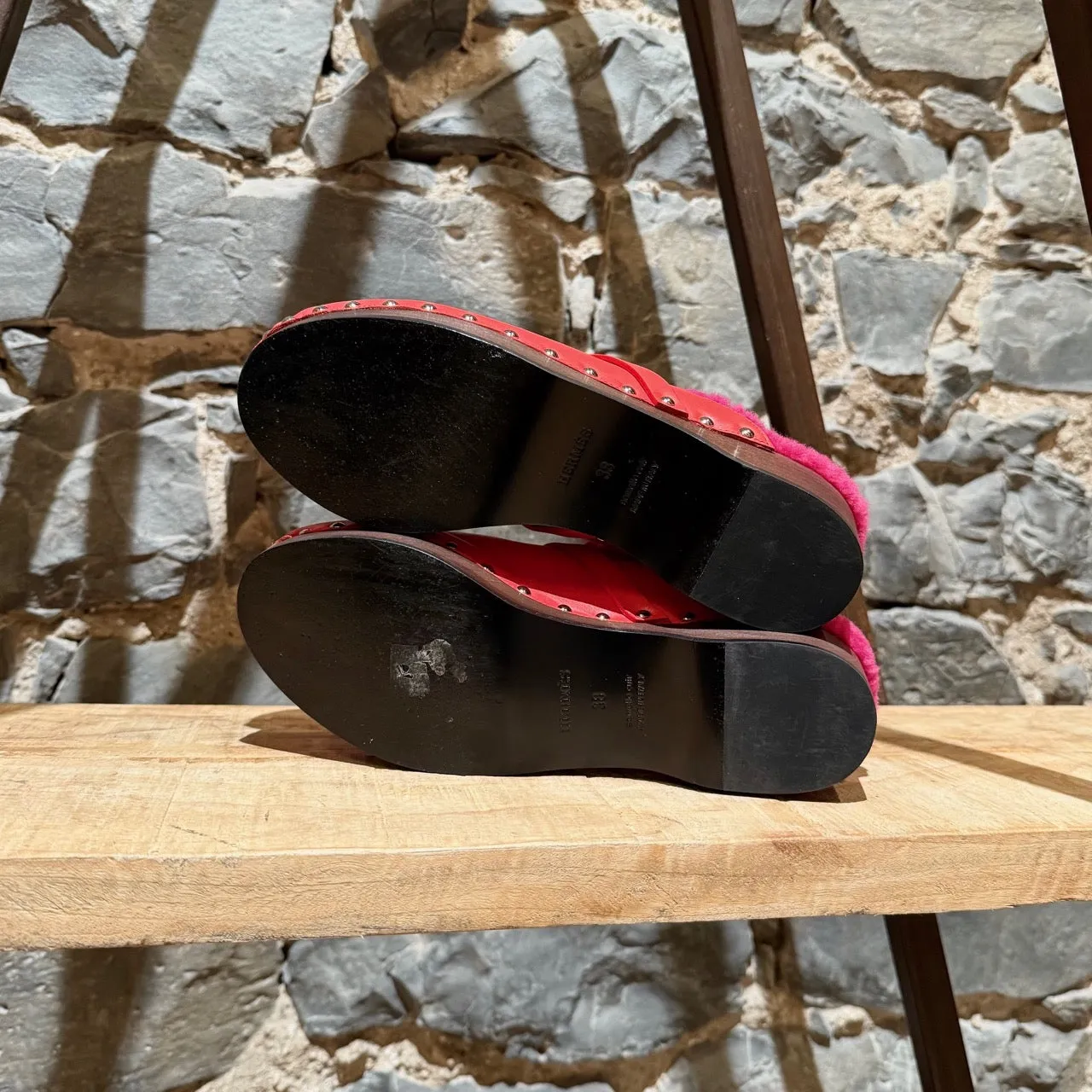 Hermès Red Leather Fuschia Shearling Carlotta Clogs