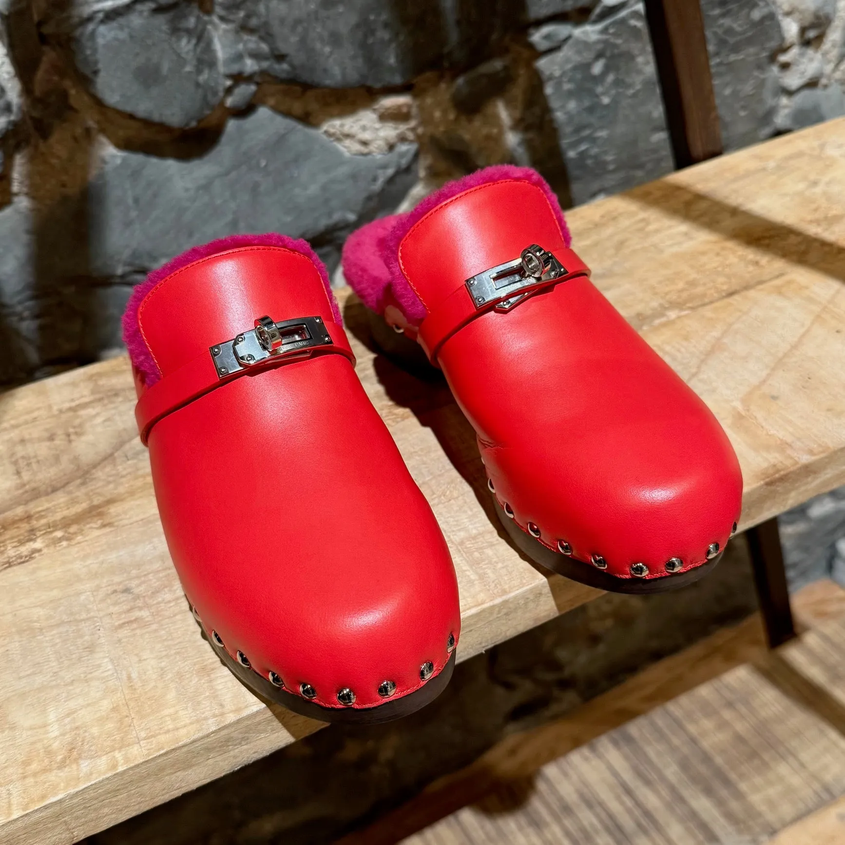 Hermès Red Leather Fuschia Shearling Carlotta Clogs