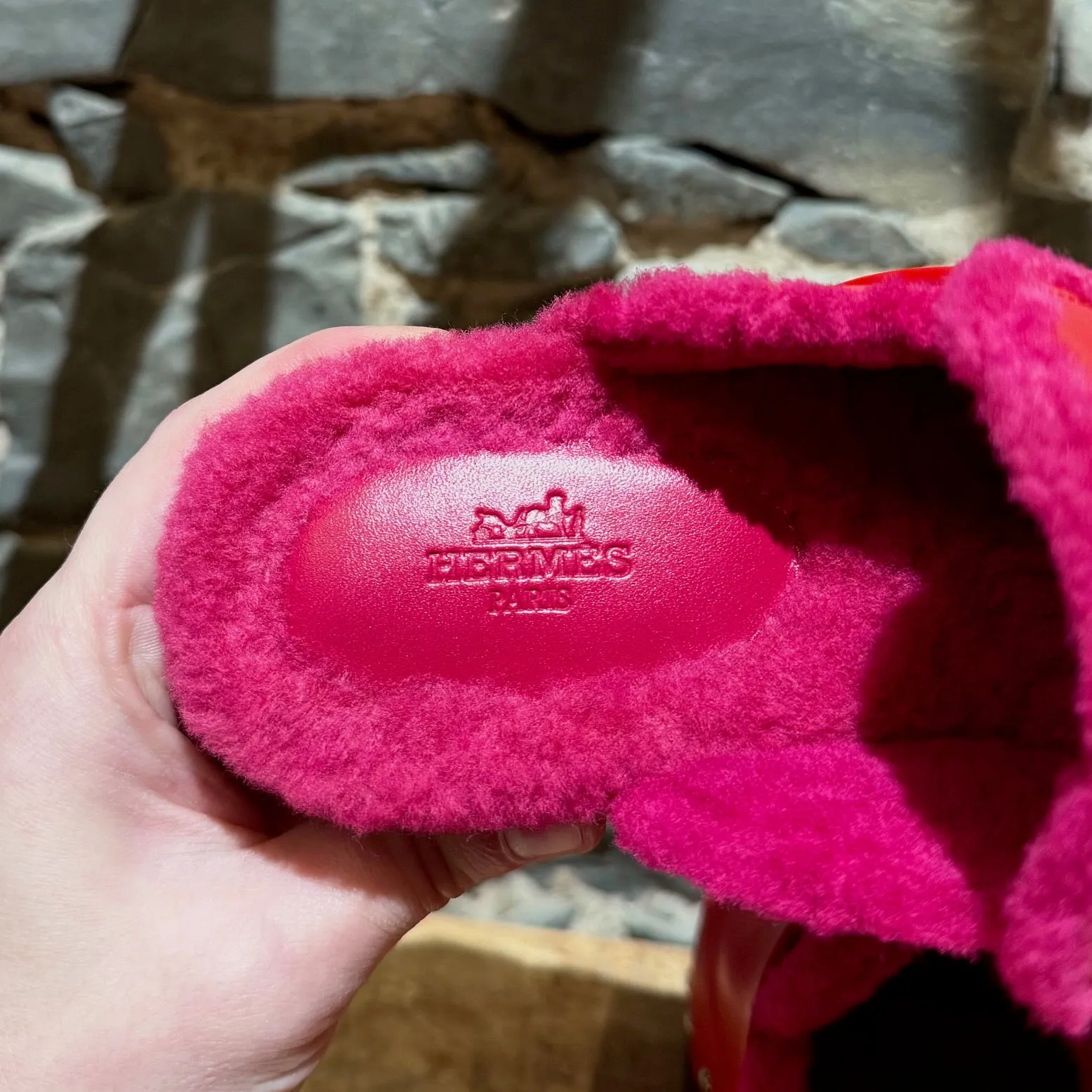 Hermès Red Leather Fuschia Shearling Carlotta Clogs