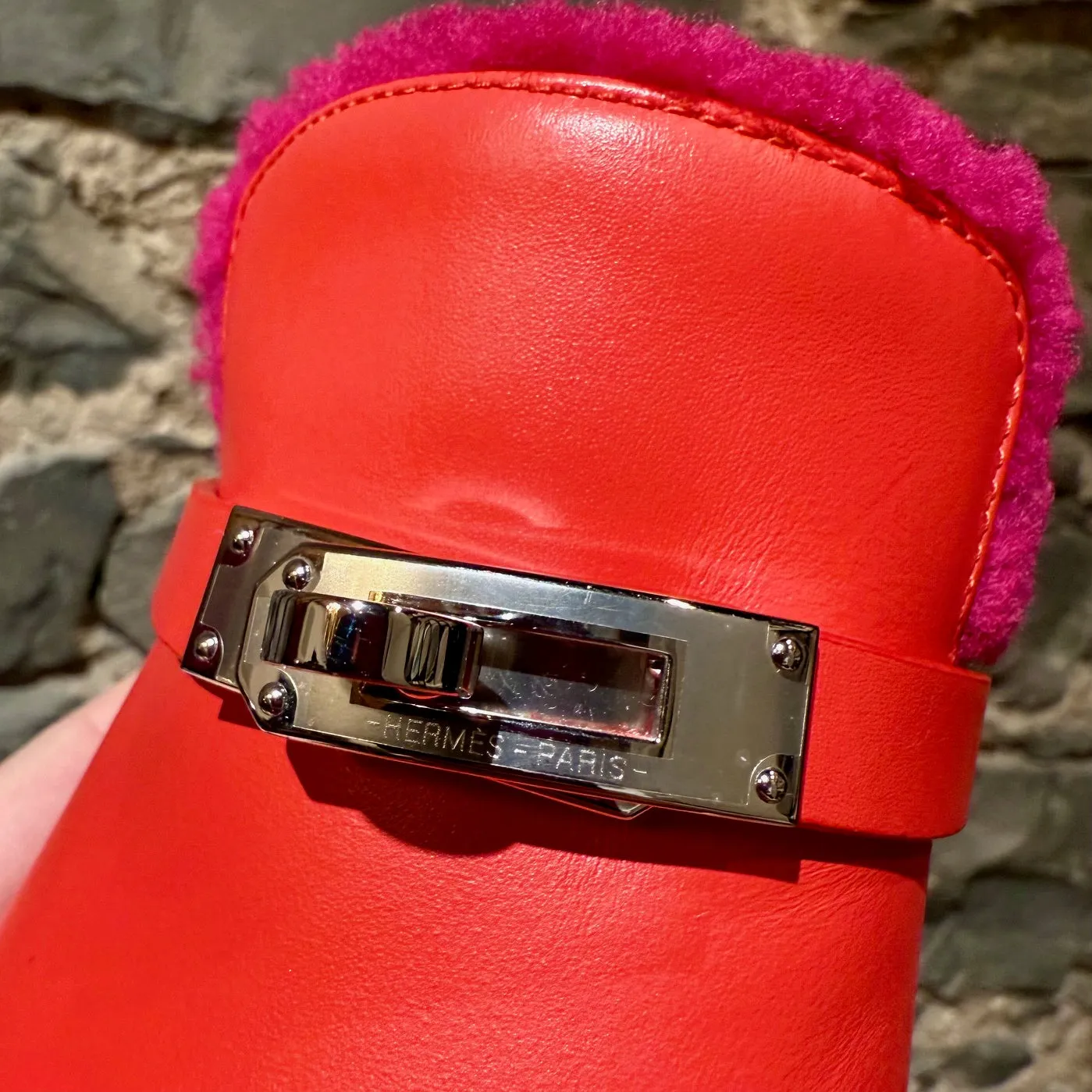 Hermès Red Leather Fuschia Shearling Carlotta Clogs