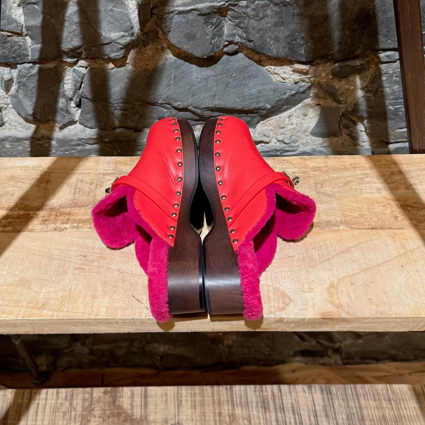 Hermès Red Leather Fuschia Shearling Carlotta Clogs