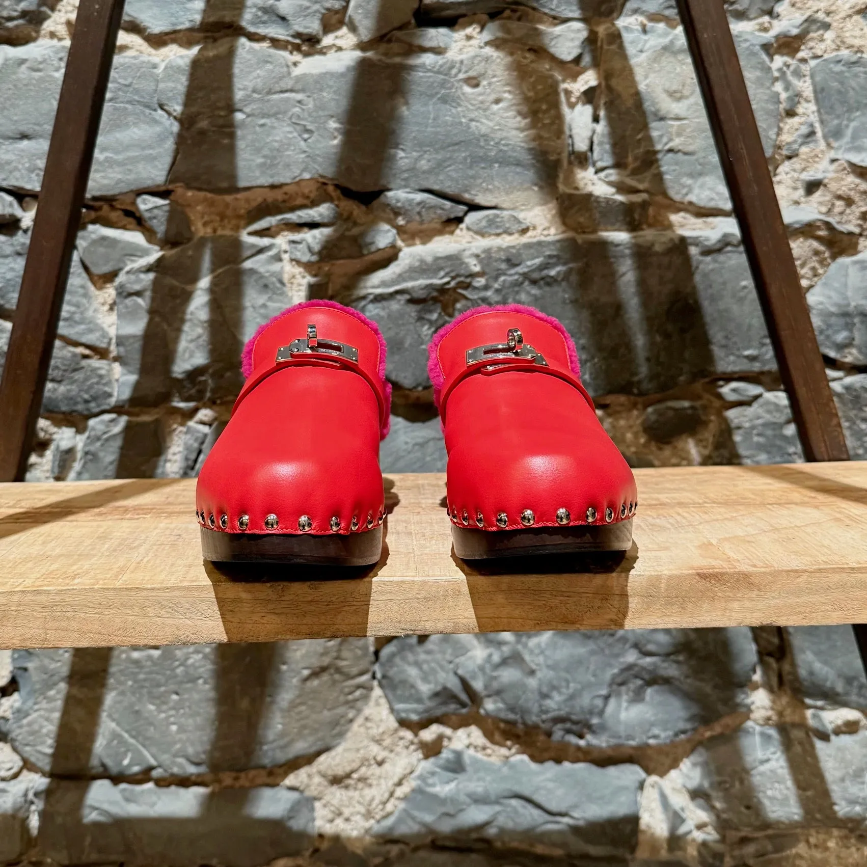 Hermès Red Leather Fuschia Shearling Carlotta Clogs