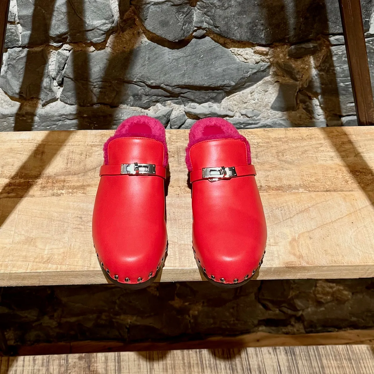 Hermès Red Leather Fuschia Shearling Carlotta Clogs