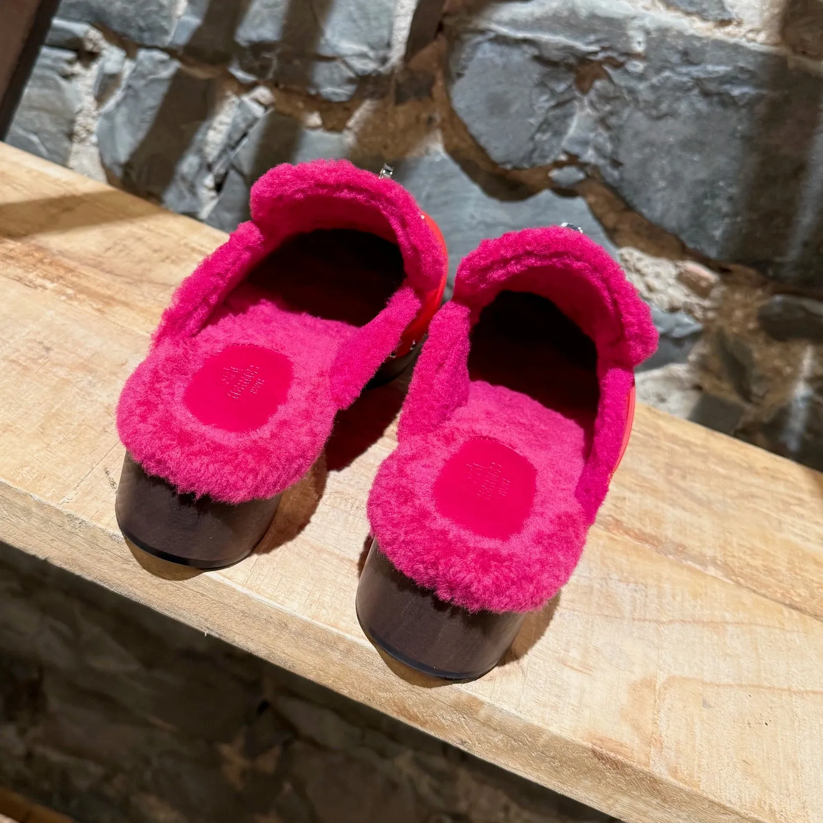 Hermès Red Leather Fuschia Shearling Carlotta Clogs