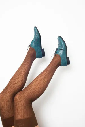 Jil Sander peacock blue perforated leather derbies in paisley motif size 38,5