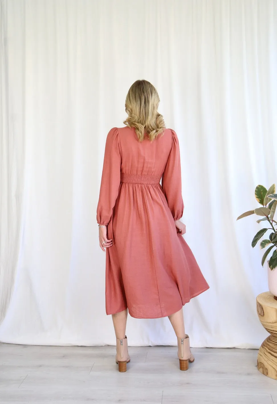 Linen Blend Midi Dress - Coral