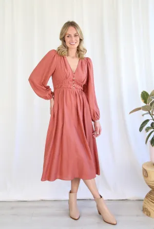 Linen Blend Midi Dress - Coral
