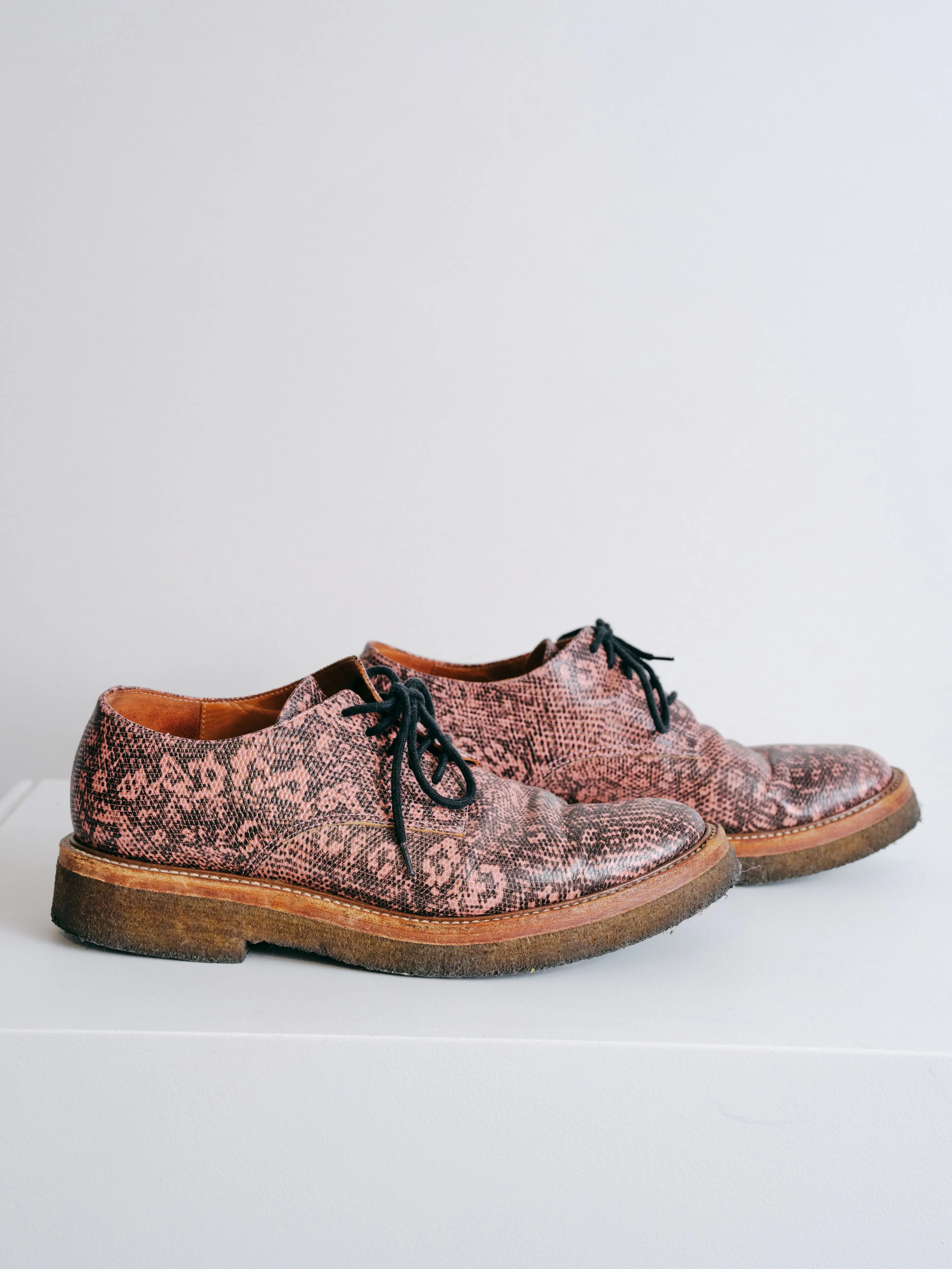 Pink and Brown Snakeskin Derbies