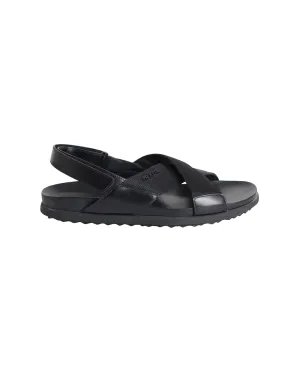 Prada Logo Strap Crisscross Sandals in Black Leather