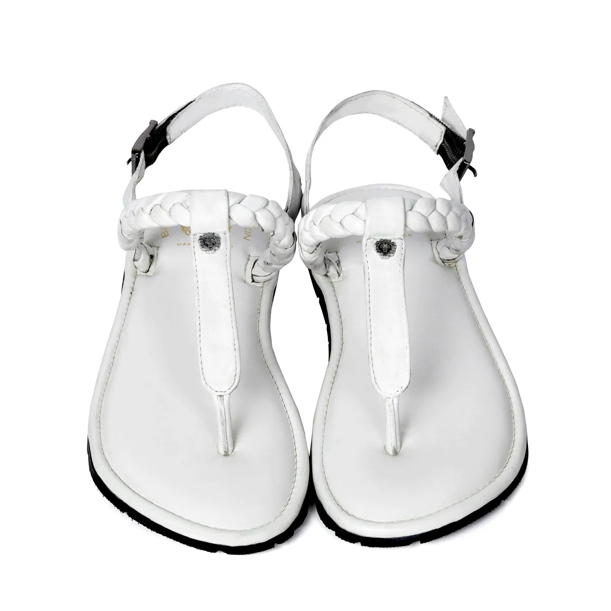 Weaved Loop Buckled T-Strap White Genuine Leather Ladies Sandal by Brune & Bareskin