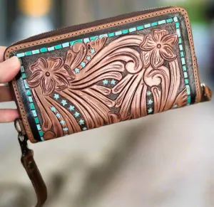 Western Hand Tooled Zipper Wristlet Wallet/Handbag