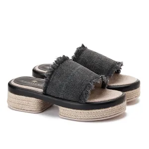 Wide Burlap Wedge Sandals - Black