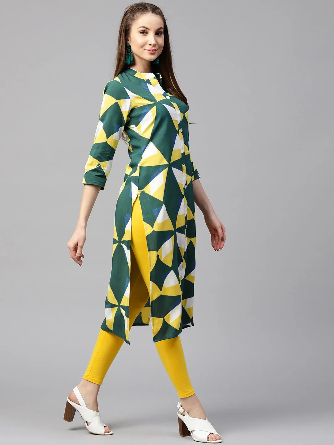 Women Green & Yellow Straight Kurta