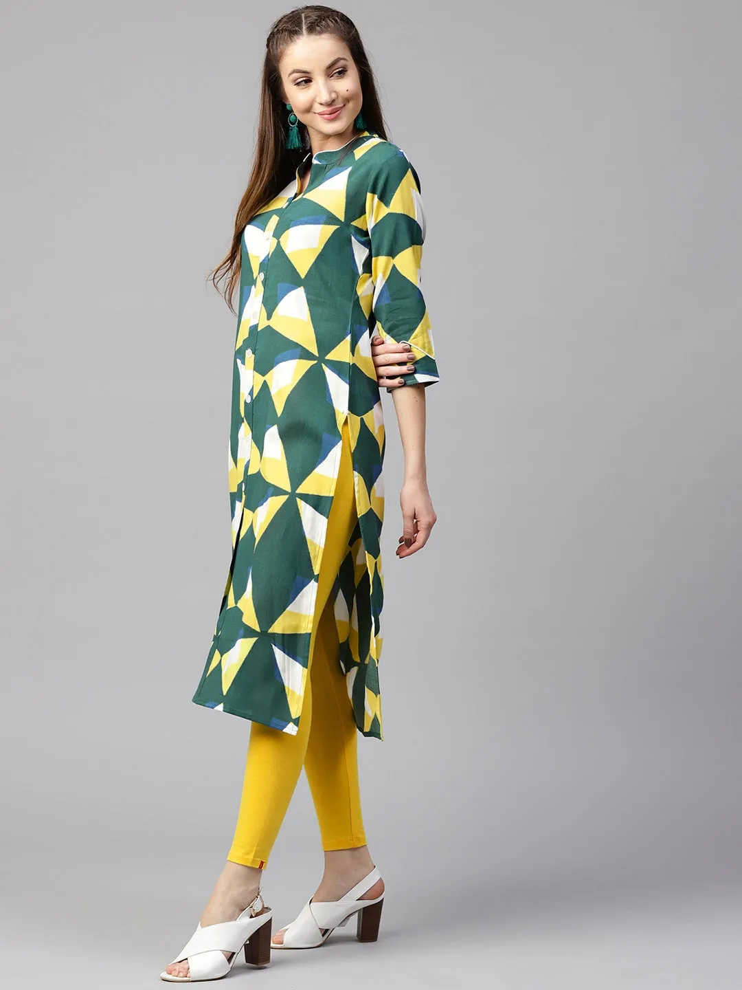 Women Green & Yellow Straight Kurta
