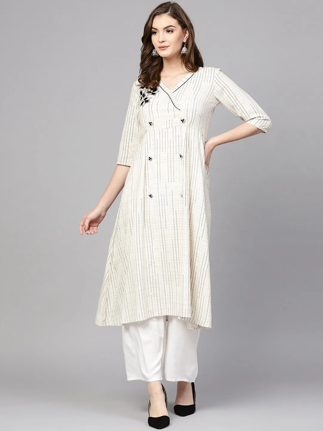 Women Off-White & Black A-Line Kurta
