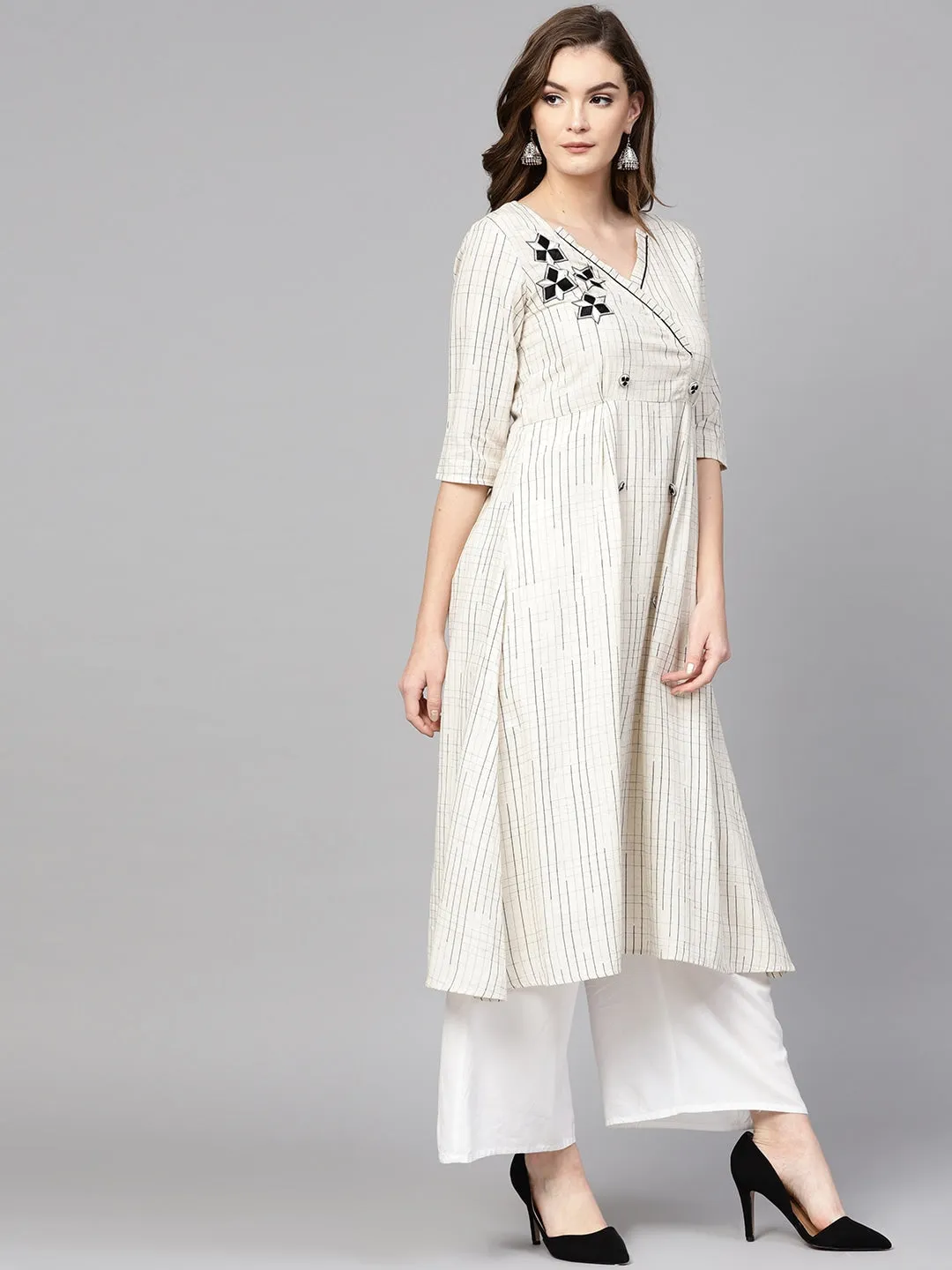 Women Off-White & Black A-Line Kurta