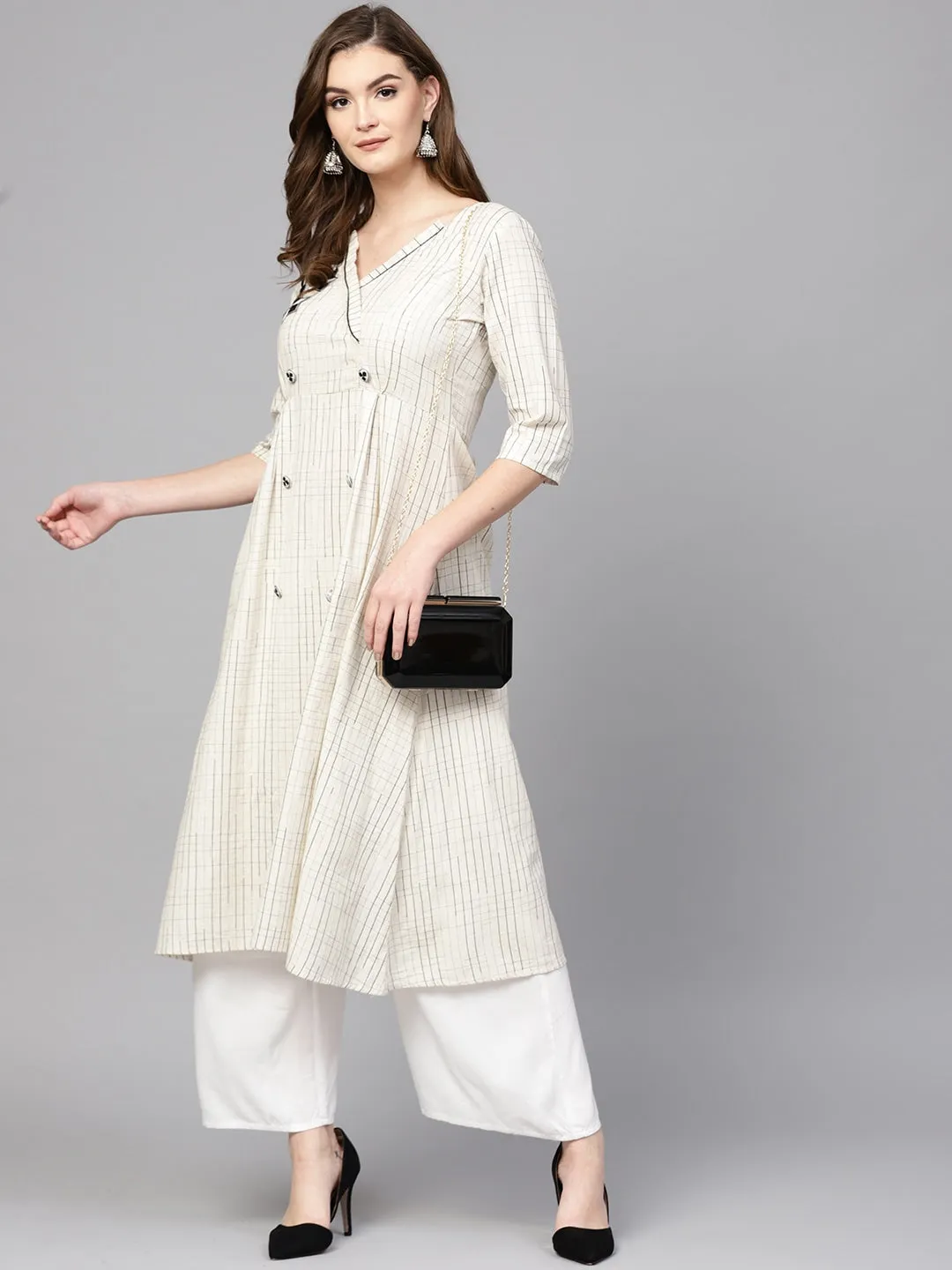 Women Off-White & Black A-Line Kurta