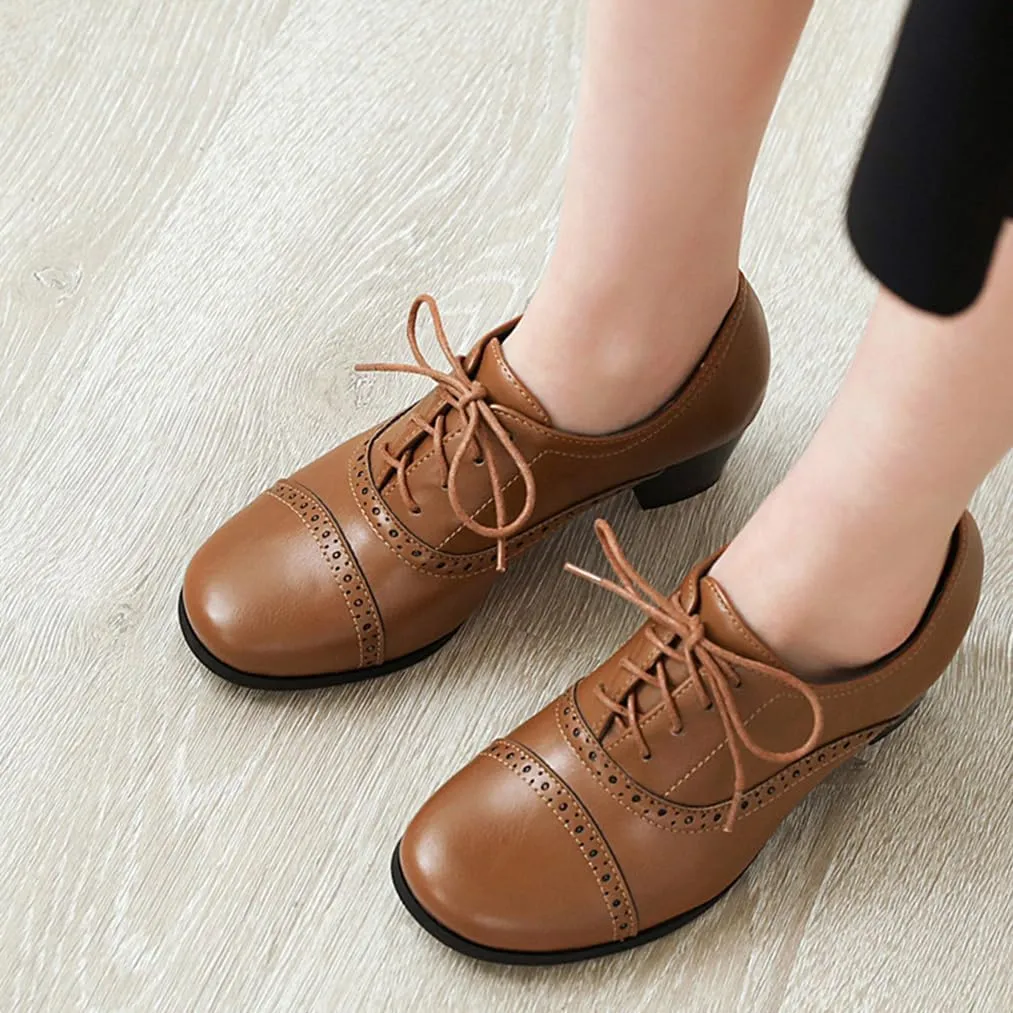 Women's Oxfords Wingtip Lace Up Chunky High Heels Pumps Square Closed Toe Vintage Brogue Dress Shoes