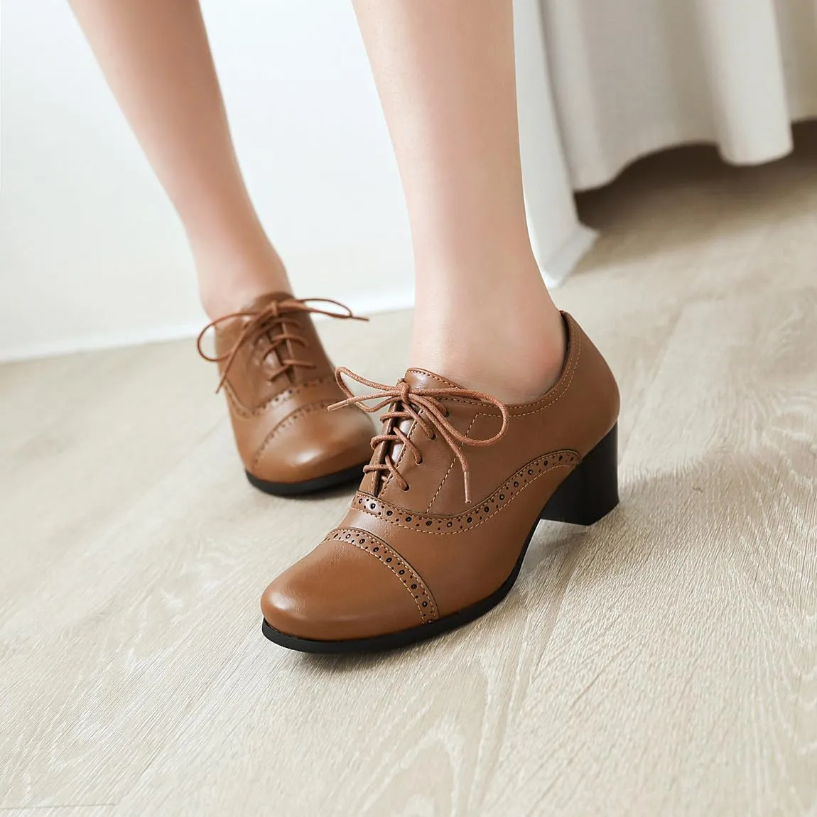 Women's Oxfords Wingtip Lace Up Chunky High Heels Pumps Square Closed Toe Vintage Brogue Dress Shoes