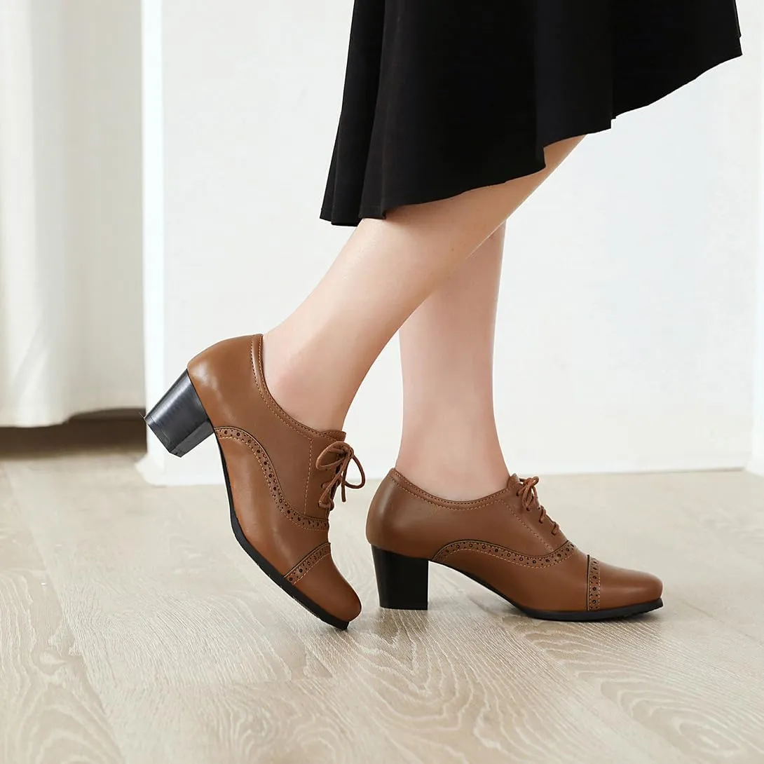 Women's Oxfords Wingtip Lace Up Chunky High Heels Pumps Square Closed Toe Vintage Brogue Dress Shoes