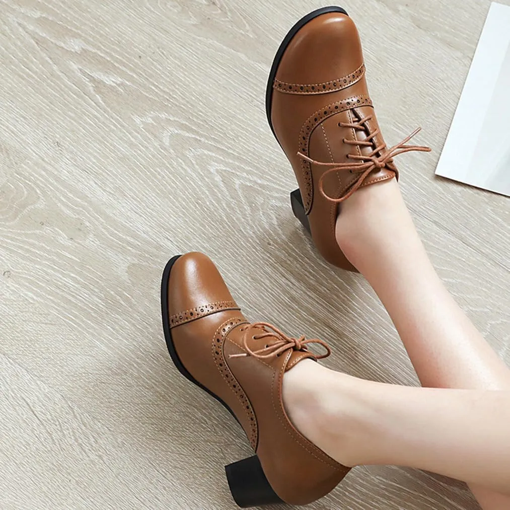 Women's Oxfords Wingtip Lace Up Chunky High Heels Pumps Square Closed Toe Vintage Brogue Dress Shoes