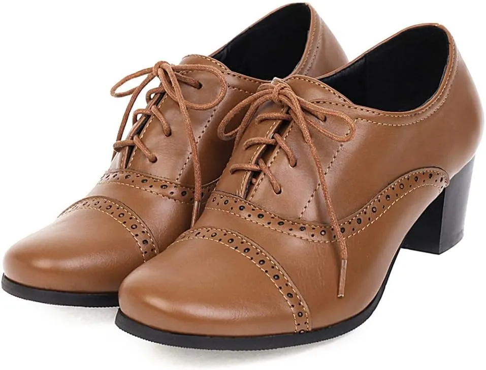 Women's Oxfords Wingtip Lace Up Chunky High Heels Pumps Square Closed Toe Vintage Brogue Dress Shoes